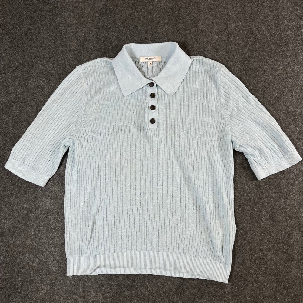 Madewell Womens Light Blue Linen Blend Ribbed Short Sleeve Polo Sweater Size M